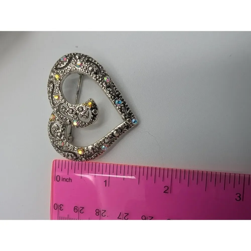 Vintage Heart Brooch Pin Lot Silver Tone AB Rhinestone Gold Tone Clear Crystal